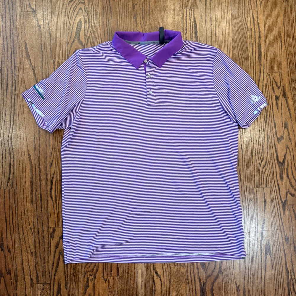 Adidas Climachill Golf‎ Polo Shirt Mount Shasta Resort XL Purple White Stripe